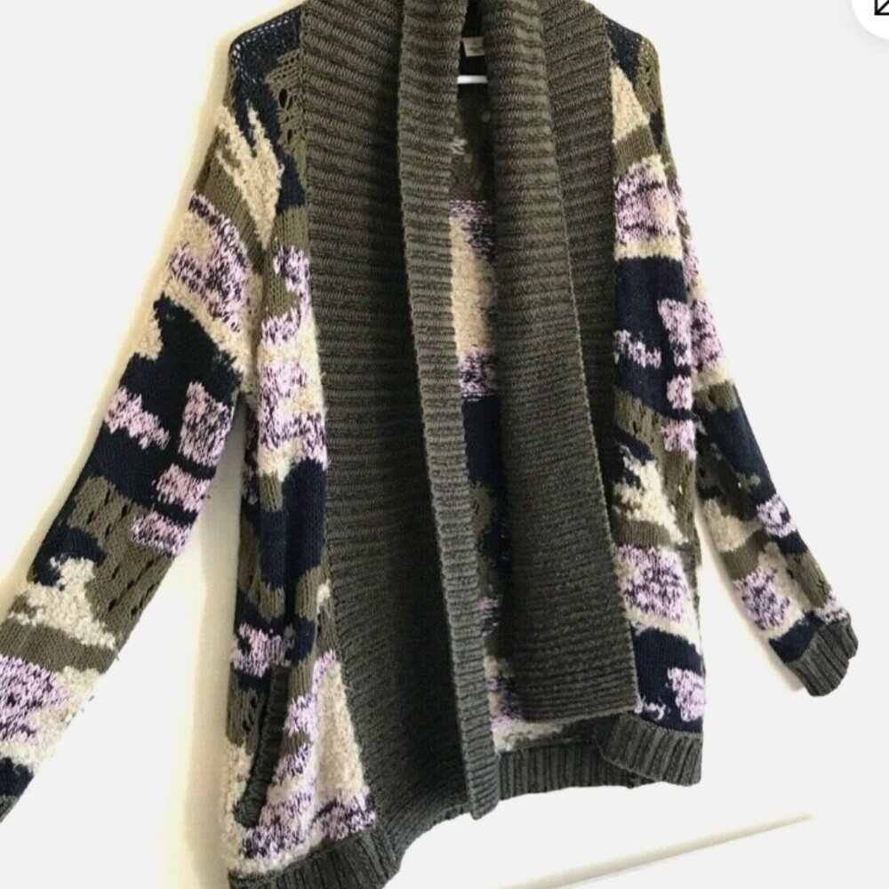 Anthropologie Sleeping on Snow Sweater Cardigan Woven Green Pink M Oversized